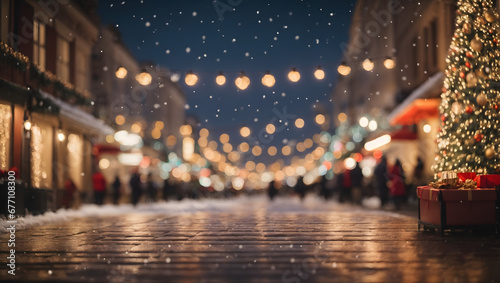 Blurred cityscape at twilight with glowing holiday decorations and softly falling snowflakes, capturing the enchanting spirit of Christmas.