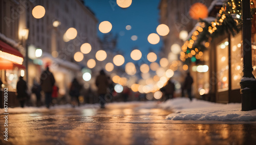 Abstract composition of a festive urban scene at dusk, with blurred Christmas lights, snow-covered streets, and a warm and inviting glow.