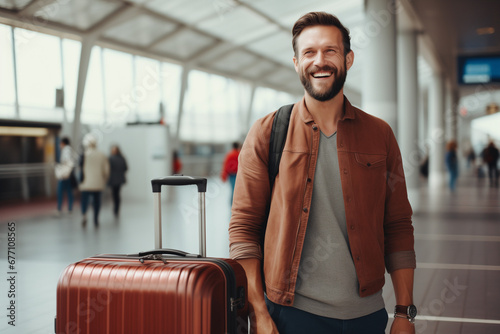 Cheerful man with a suitcase against the backdrop of the airport
