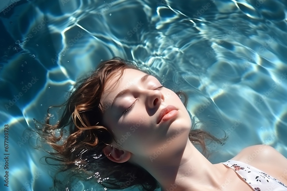 Generative AI : High angle view of woman relaxing in the water with closed eyes.