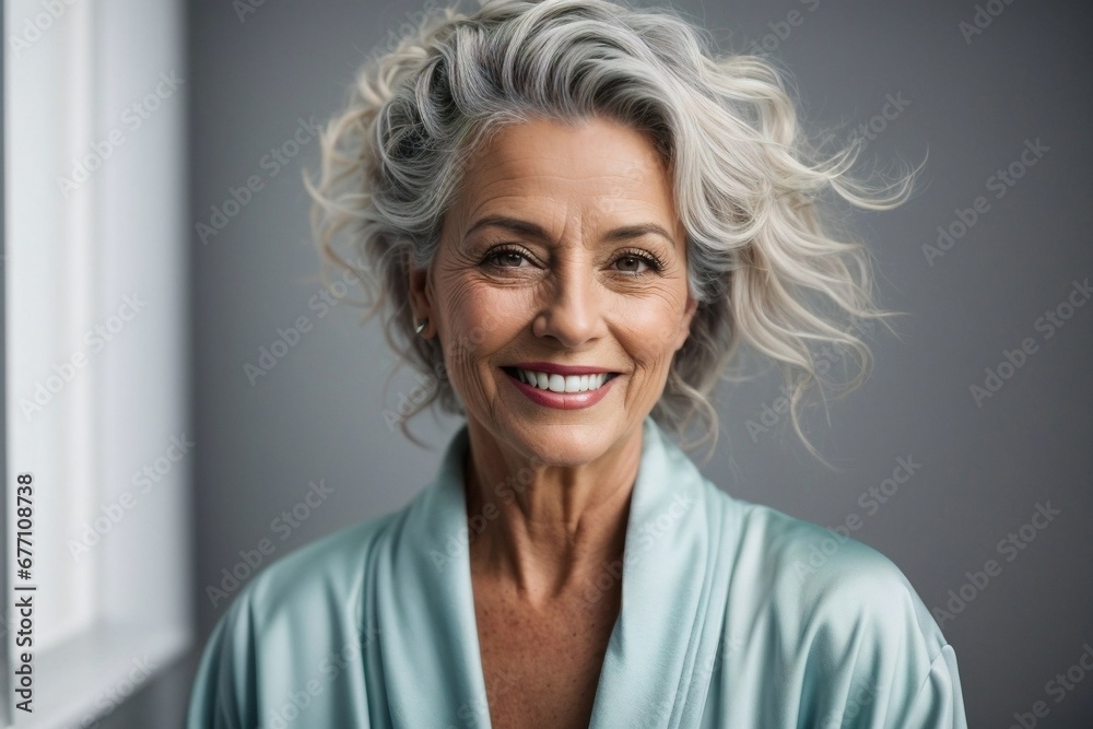 Portrait of a smiling mature woman in a bathrobe, beauty care concept, generative AI