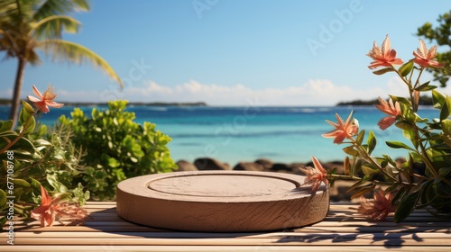 Minimalist luxury podium on a cliffside with a serene ocean view  under a clear sky with fluffy clouds.