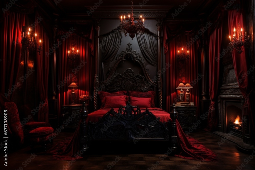 Gothic black and red victorian antique bedroom. Elegant, rich dracula’s castle interrior - obrazy, fototapety, plakaty 