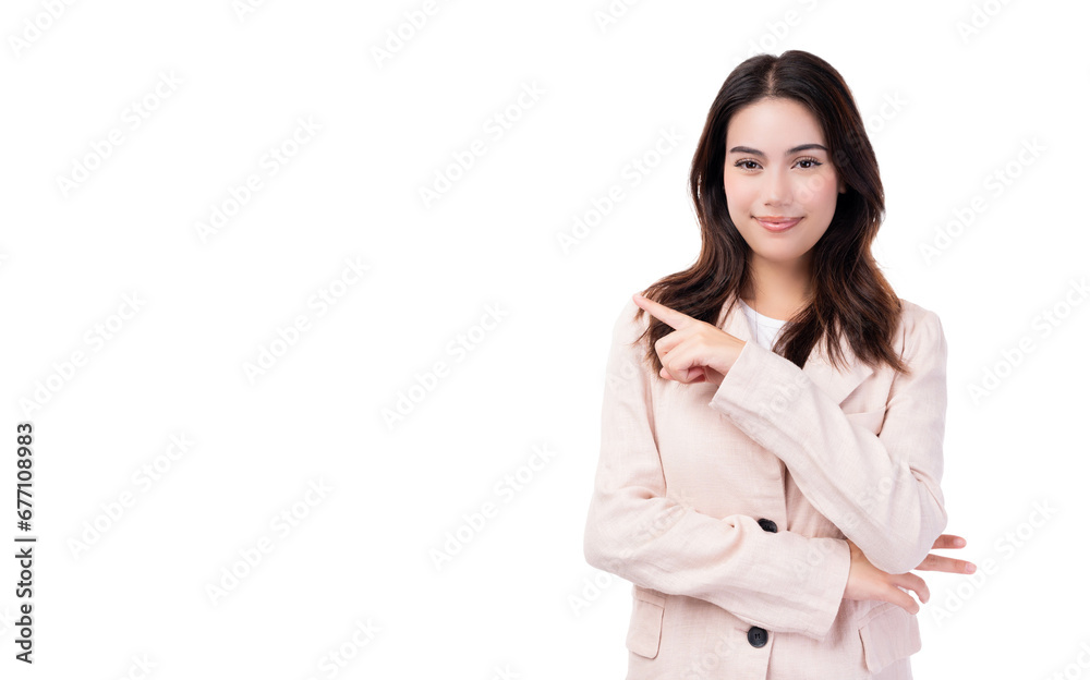 Young Asian business woman pointing up to copy space and looking at camera with smile face and happy Pretty girl act like a satisfied product, use for advertising with isolated on white background Young Asian business woman pointing up to copy space and looking at camera with smile face and happy Pretty girl act like a satisfied product, use for advertising with isolated on white background