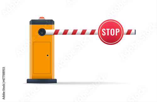 Barrier gate with flashing for security. Closed automatic for parking of car or vehicle. border for entrance to park, garage, customs, construction and checkpoint.