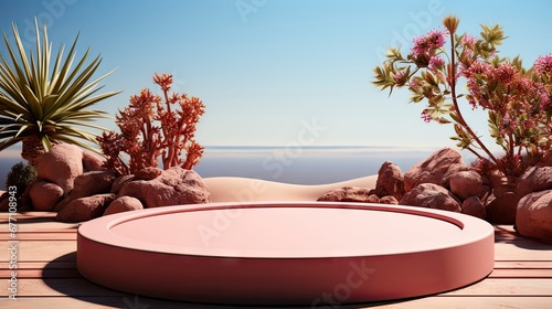 Minimalist luxury podium on a cliffside with a serene ocean view, under a clear sky with fluffy clouds. © Juan