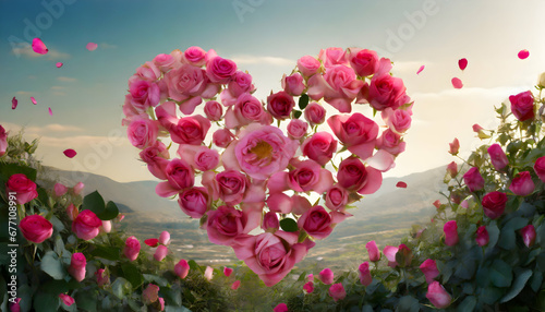 landscape with flowers, Heart, Flower Heart, Rose Flower Heart, Heart made with rose patels