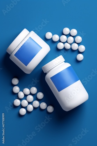 White round pills with white and blue bottles on blue background. Showcase flyer template for pharmasy photo