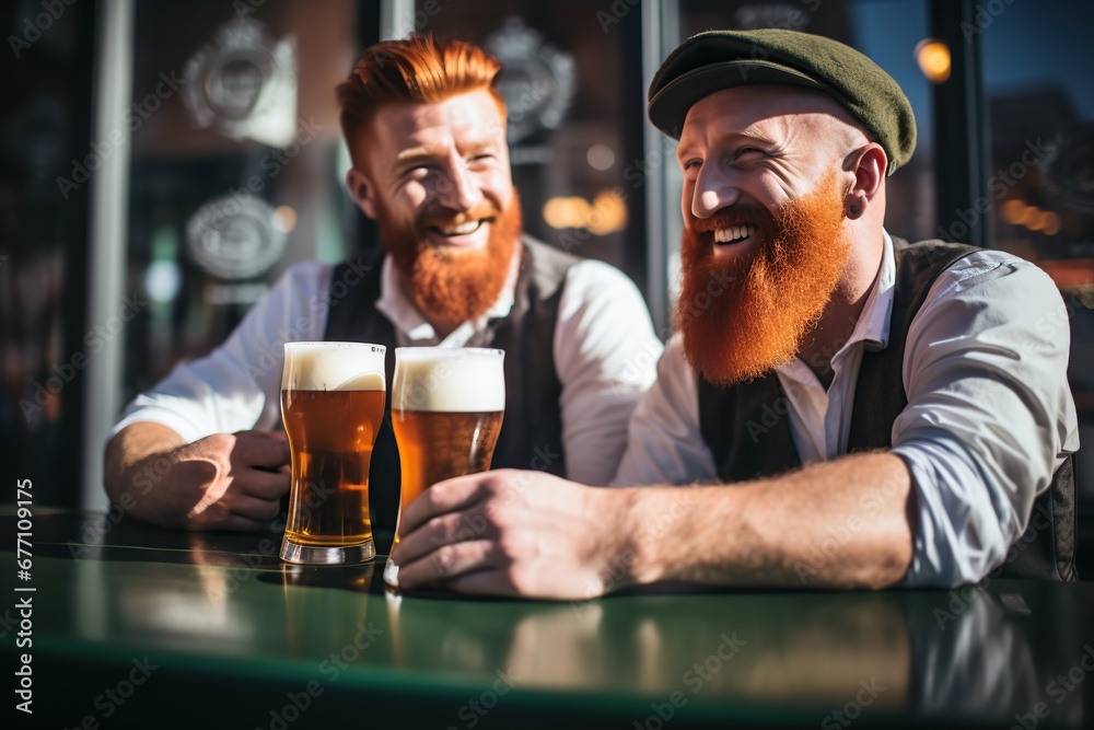 Laughing young men in Saint Patrick Day together and holding beer glasses at pub table.