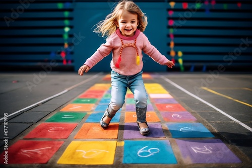 Generative AI : Cute little toddler girl playing hopscotch game drawn with colorful chalks on asphalt photo