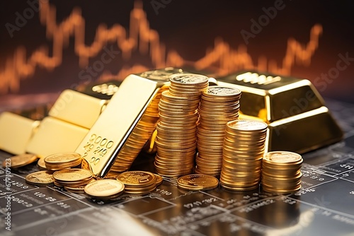 Generative AI : Gold bullion on pile gold coins at trading chart background