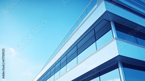 Generative AI : Modern geometric Building against blue Sky in Low Angle and perspective side view, Abstract Architecture background