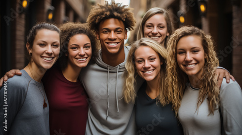 A group of young friends (women and men) from different races and ethnicities who promote racial diversity and reject any form of discrimination. Portraits together. 