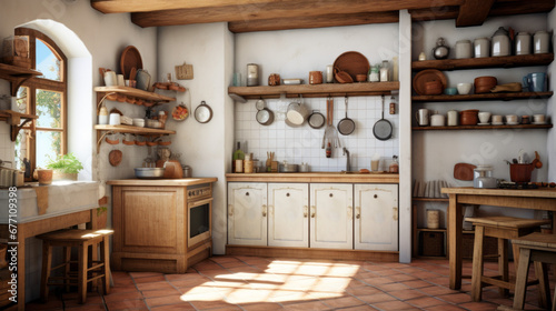 a rustic kitchen with cream walls and white tile flooring A wooden kitchen island stands in the center of the room and with a sink and four stools surrounding it