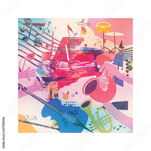 Multicolored hand-drawn jazz music session poster with piano, sax, guitar, trumpet and violoncello. Artsy promo flyer or invitation. Colorful concert event doodle background with musical instruments