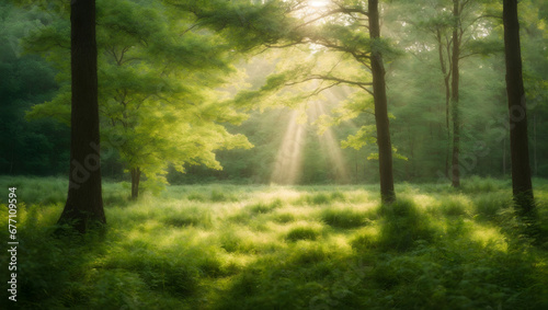 A serene forest scene with sunlight filtering through the lush green leaves, creating a soft focus on the trees and wild grass.