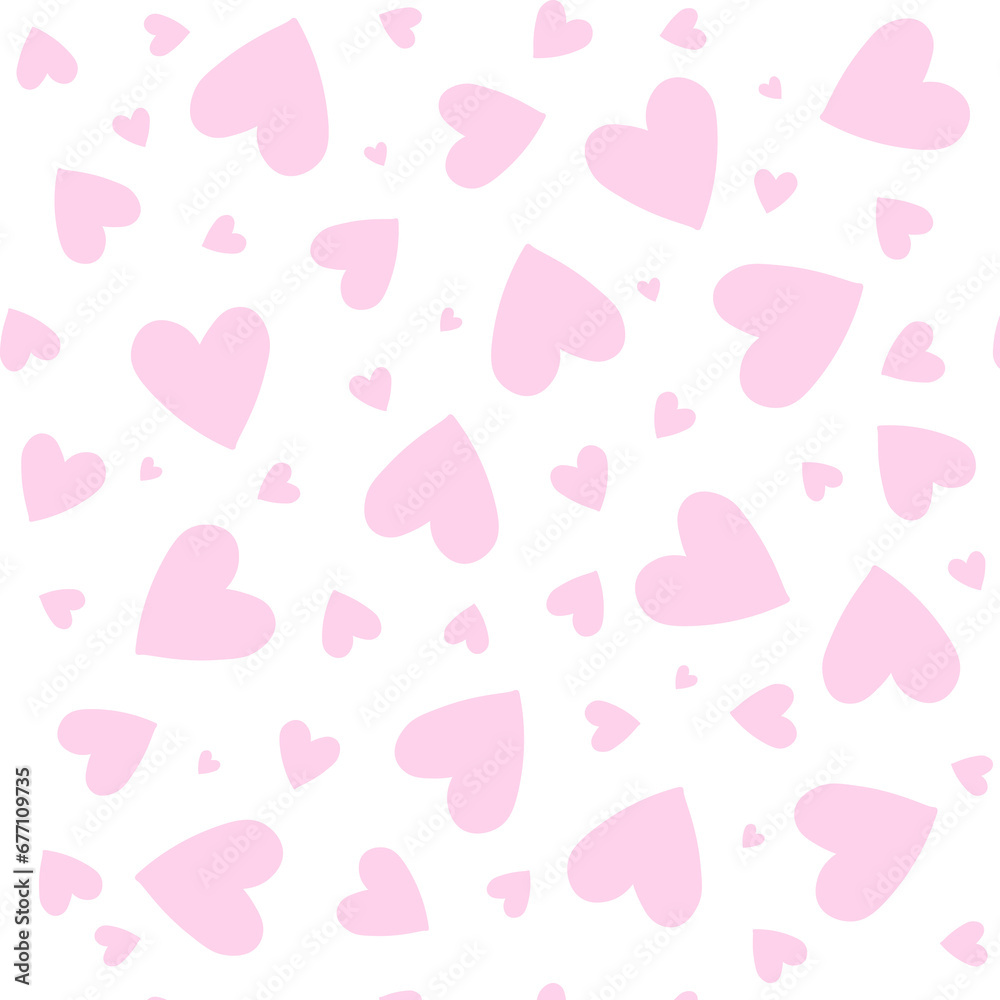 Seamless pattern with pink hand drawn hearts on transparent background
