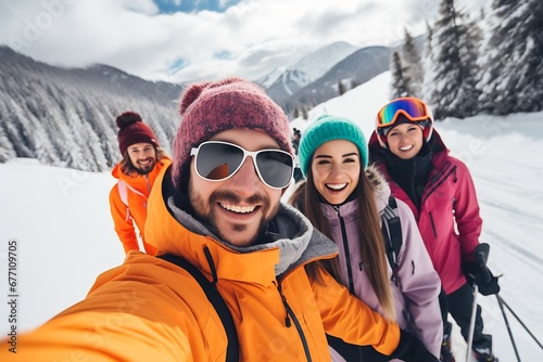 Generative AI : Young people enjoying winter holidays using mobile