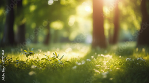 Sun shining through the green grass and trees in forest blurred background wallpaper