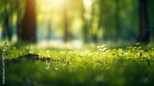 Defocused green grass and trees in forest blur background wallpaper