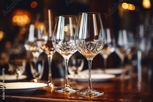 Generative AI : Close up picture of empty glasses in restaurant. Selective focus. © The Little Hut