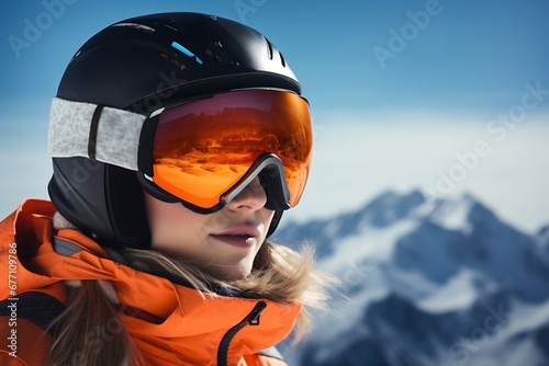 Generative AI : portrait of a girl in a helmet and mask in a mountain forest on a very snowy day.