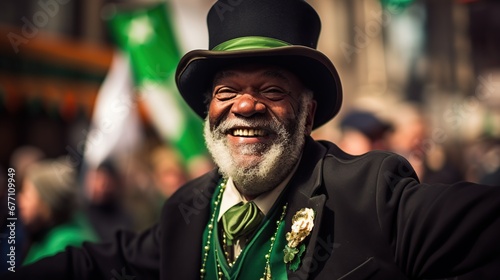 Afro man dressed as Irish leprechaun St Patrick's day parade in New York.