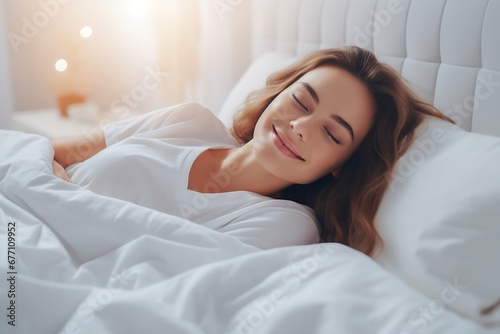 Generative AI : young woman smile enjoy fresh soft bedding linen and mattress in bed room modern apartment.