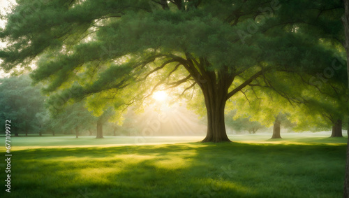 Soft focus on a tranquil park setting with tall green trees, a carpet of wild grass, and gentle sunbeams filtering through the branches.