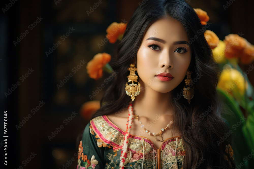 Thai Elegance, Asian Girl Showcasing Traditional Thai Dress Fashion Thai Elegance, Asian Girl Showcasing Traditional Thai Dress Fashion
