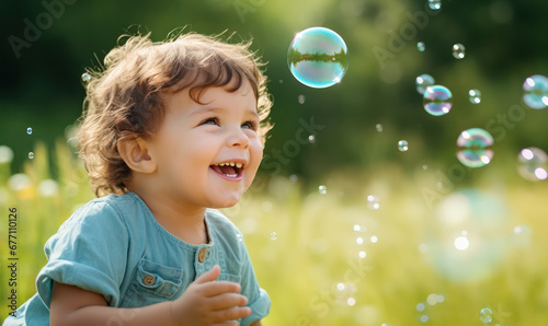 Bubble Bliss  Happy Child Engrossed in Playful Soap Bubble Fun