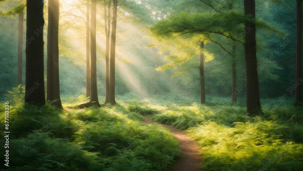 A magical forest scene with blurred trees, lush foliage, and sunlight filtering through, evoking the beauty of a summer day in nature.