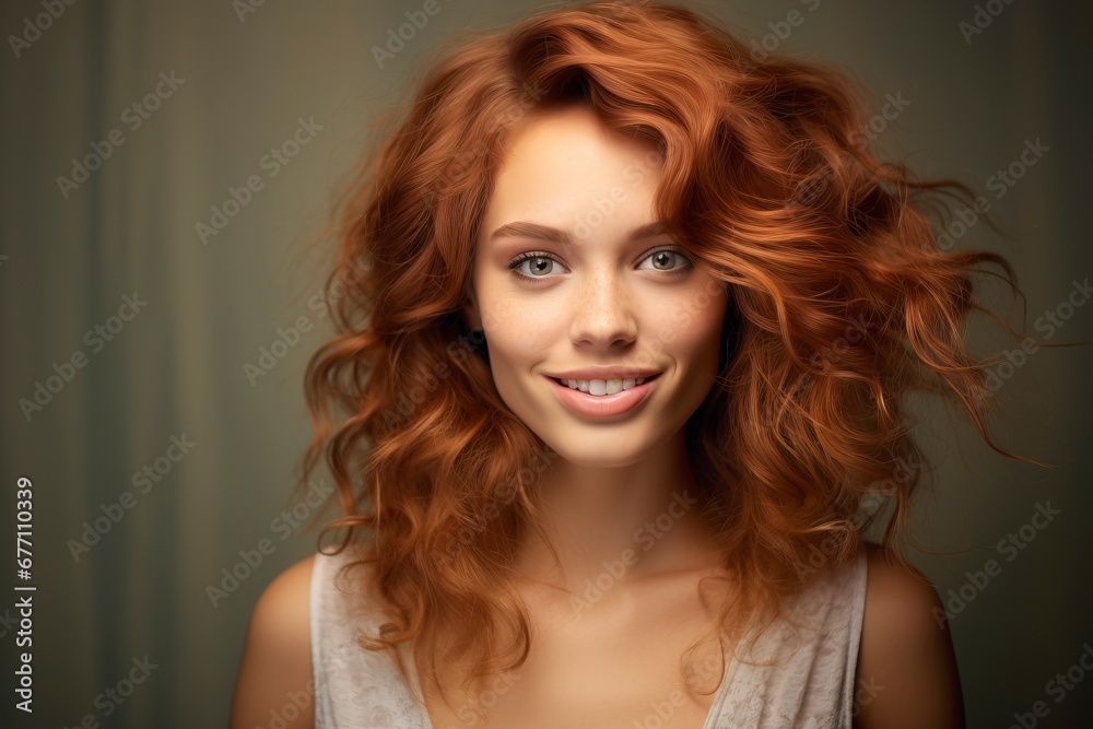 Happy beautiful haired woman, Looking at the camera, one color background, generative ai Happy beautiful haired woman, Looking at the camera, one color background, generative ai