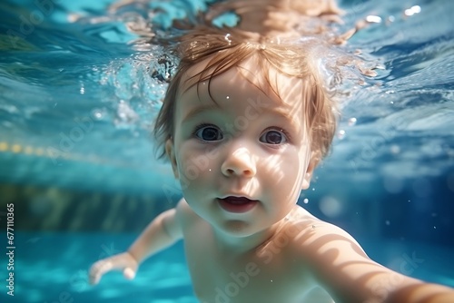 Generative AI : Little baby, girl swimming under water in paddling pool. © The Little Hut