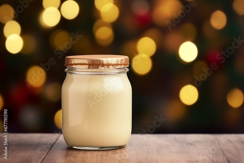 Generative AI : Delicious eggnog in mason jar on wooden table against blurred Christmas lights