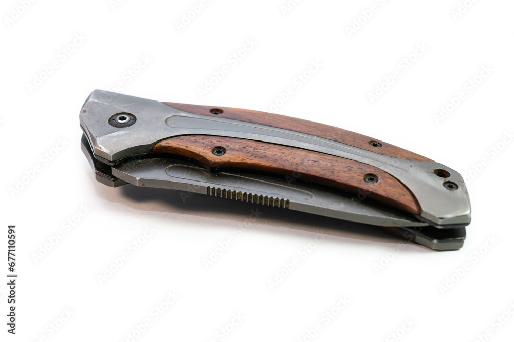 Closed pocket knife with wood handle close up shot isolated on white background. Closed pocket knife with wood handle close up shot isolated on white background.