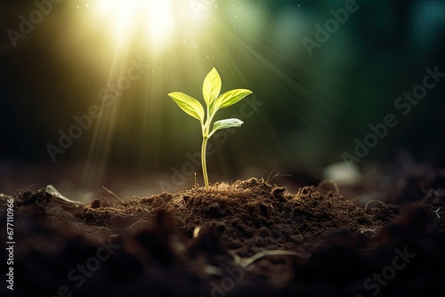 Emerging life. Beauty of young greenery in spring. Nurturing nature. Fresh start with seedlings and sunshine. Miracle of growth. Small sapling on sunlit day. Green tree photo