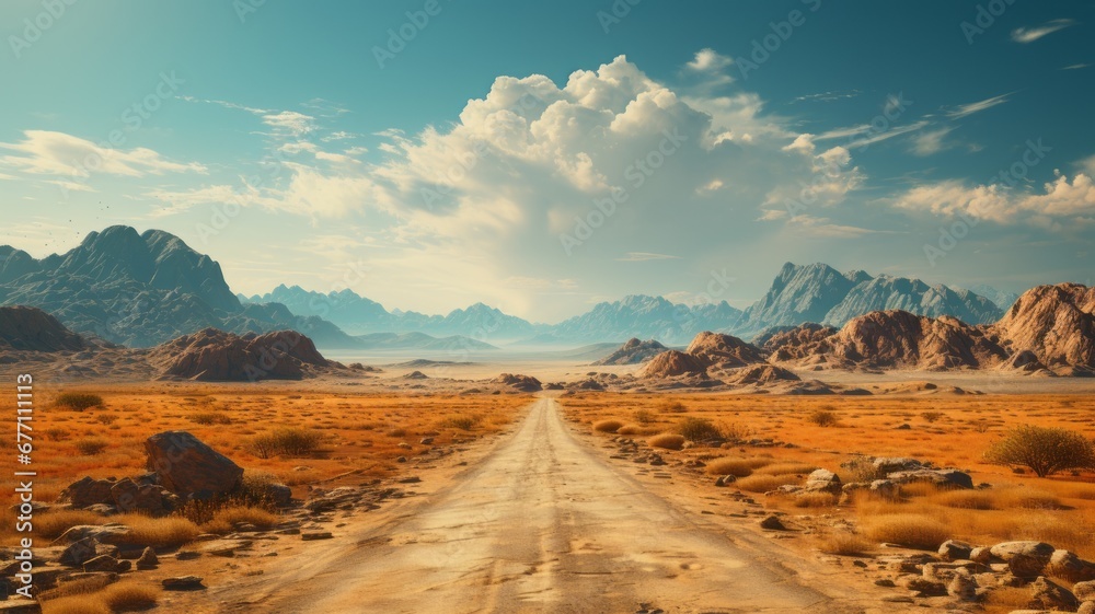 a road that goes through the desert - obrazy, fototapety, plakaty 