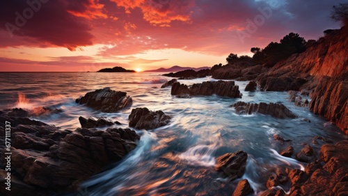 A serene coastal sunset with waves crashing against rocky shore. © senadesign