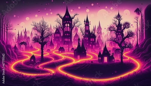 an illustrated fantasy forest with a spooky atmosphere and a castle