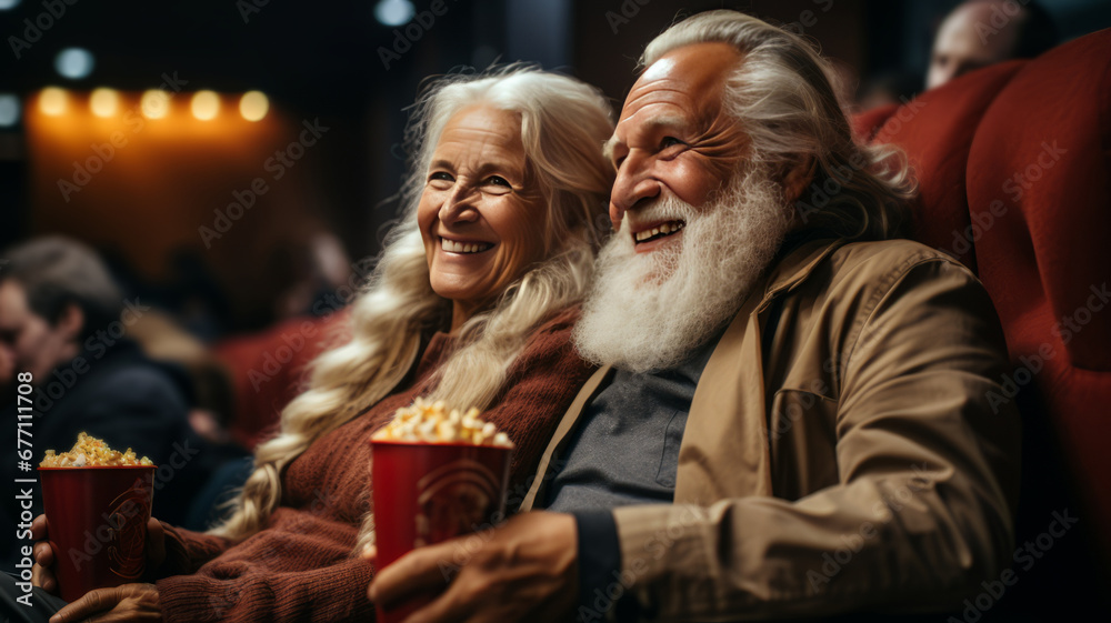 Happy senior couple enjoying cinema entertainment together and eating popcorn