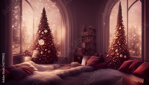 Christmas trees in the bedroom by the big window with decorations