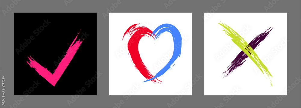 The cross, heart and OK symbol are hand-drawn with a brush. Prohibition, denial, error. Love. Approval, consent. Vector, set of 3 characters The cross, heart and OK symbol are hand-drawn with a brush. Prohibition, denial, error. Love. Approval, consent. Vector, set of 3 characters