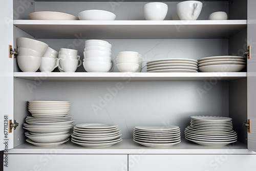 Crockery sets on a shelf in the kitchen