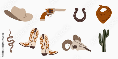 Collection of retro cowboy elements. Cowboy boots and hat, headscarf, horseshoe, gun, cactus, buffalo skull. Wild west, western fashion style. Hand drawn isolated vector illustration