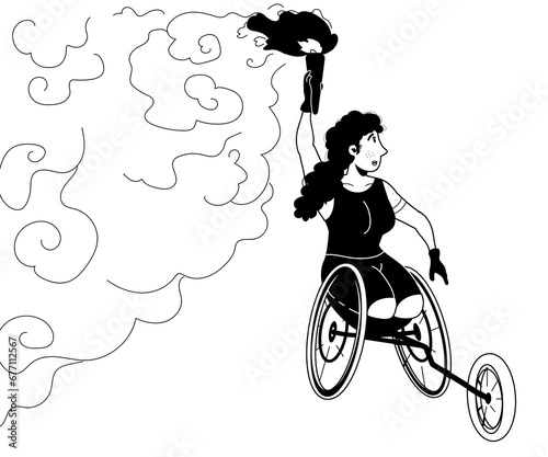 Une femme para-athlète porte la flamme olympique en Handbike (Vélo à main) - Illustration en noir et blanc