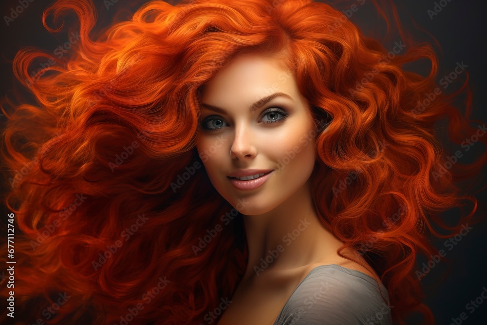 Happy beautiful haired woman, Looking at the camera, one color background, generative ai Happy beautiful haired woman, Looking at the camera, one color background, generative ai