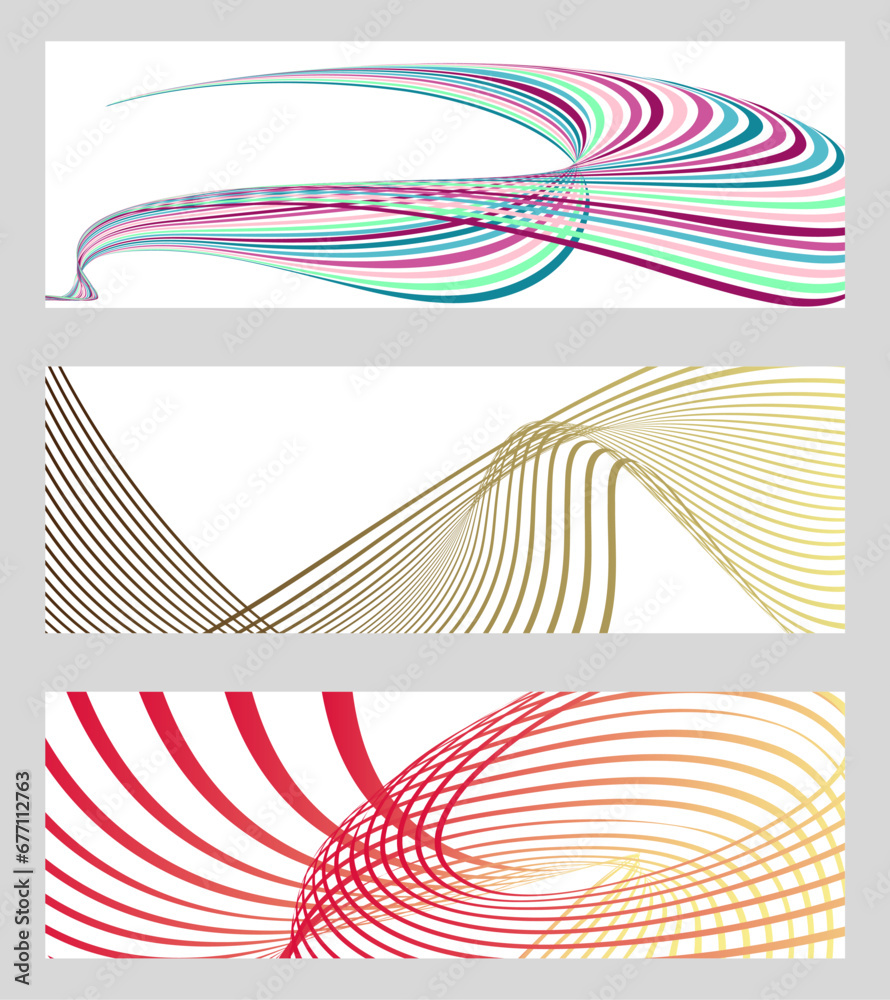 Wavy lines or ribbons. Set of 3 backgrounds. Multicolored striped gradient. Creative unusual background with abstract gradient wave lines to create a trendy banner, poster. vector eps Wavy lines or ribbons. Set of 3 backgrounds. Multicolored striped gradient. Creative unusual background with abstract gradient wave lines to create a trendy banner, poster. vector eps