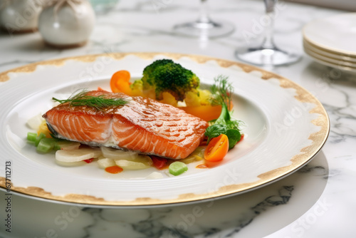 Close up of fried salmon steak in background of modern restaurant. Lifestyle concept of food and cooking.