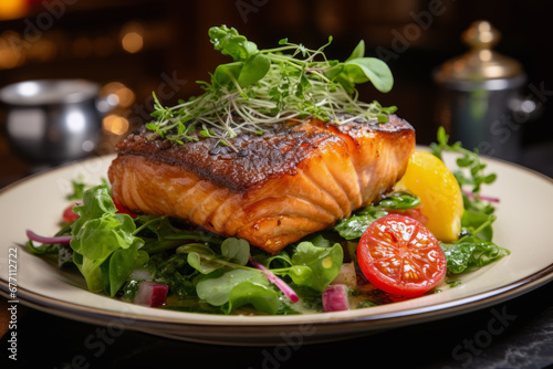 Close up of fried salmon steak in background of modern restaurant. Lifestyle concept of food and cooking.